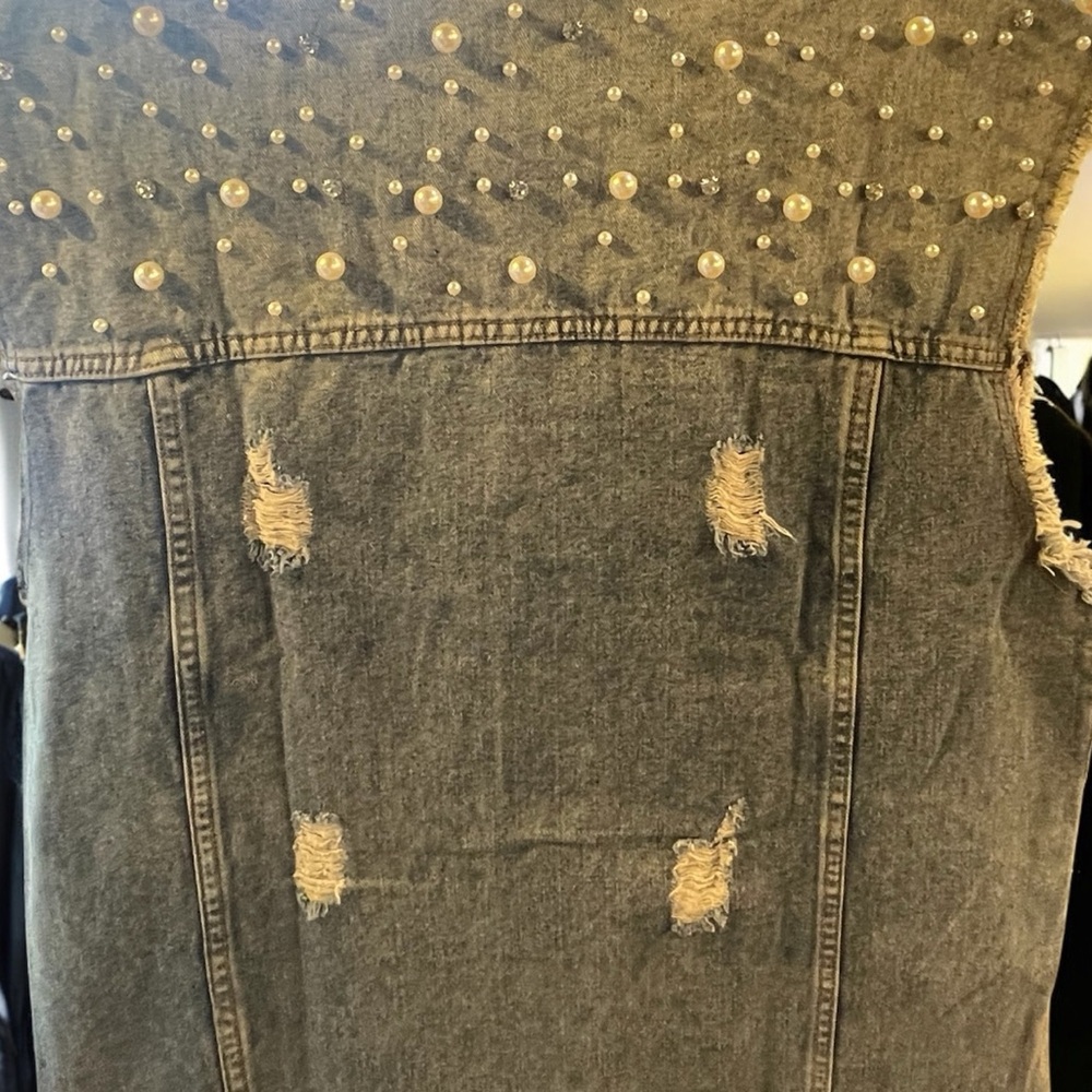 Women's Long Denim Vest with Pearl & Rhinestone Accents - Picture 8 of 9